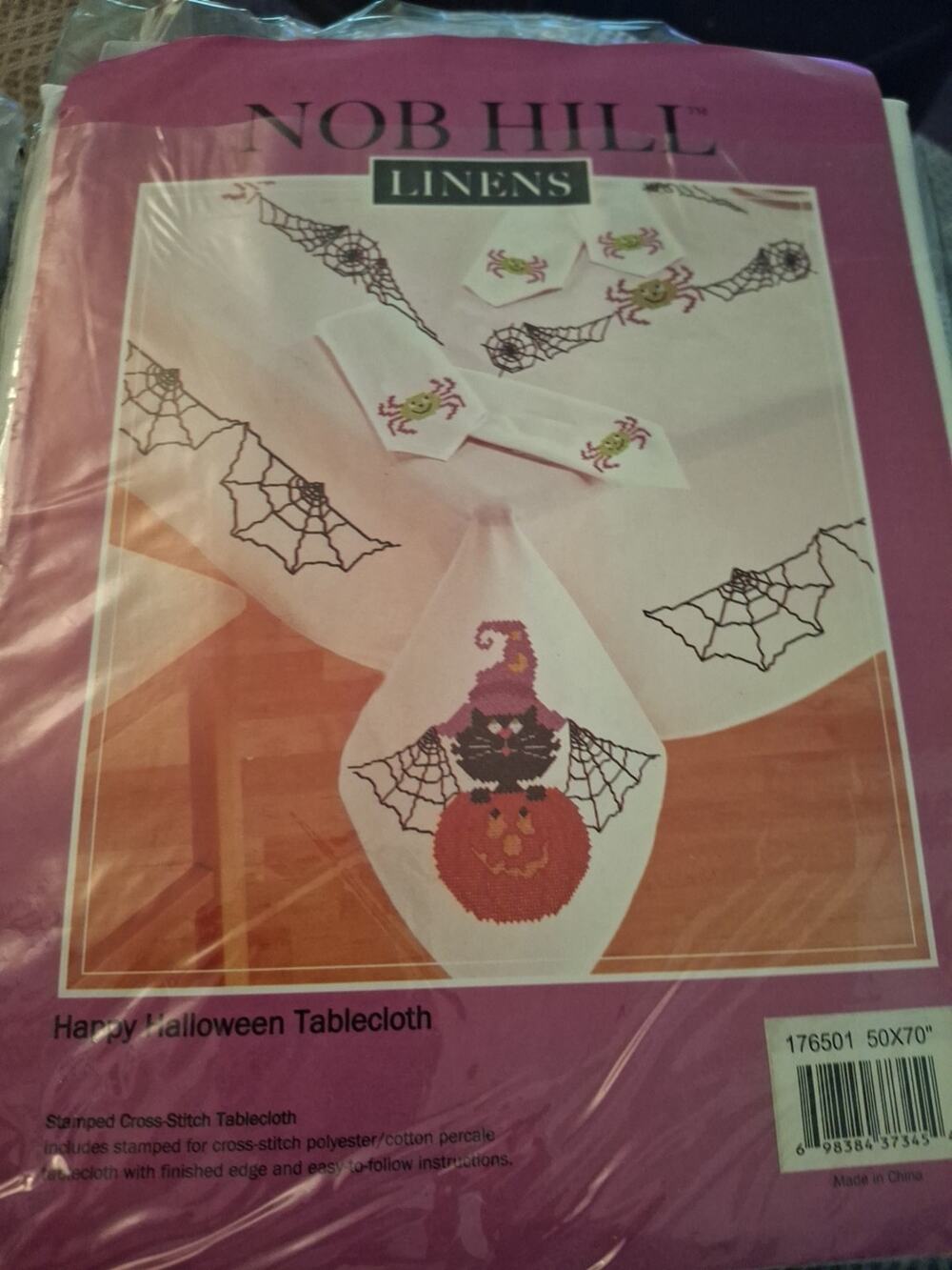 Nob Hill Linens Happy Halloween Tablecloth 50 X 70” Cross Stitch Opened